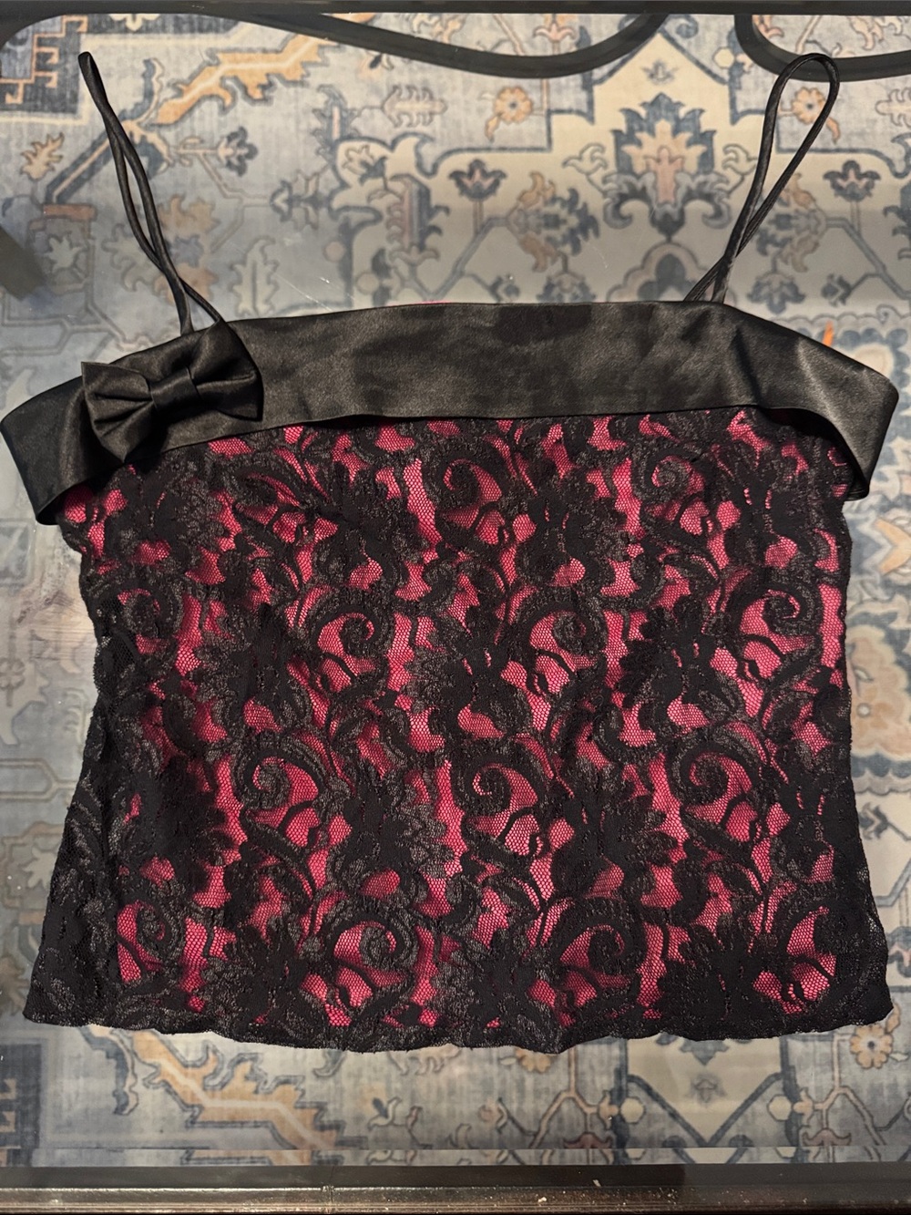 Vintage Y2K Onyx Nite Black Lace Pink Satin-Trim Camisole